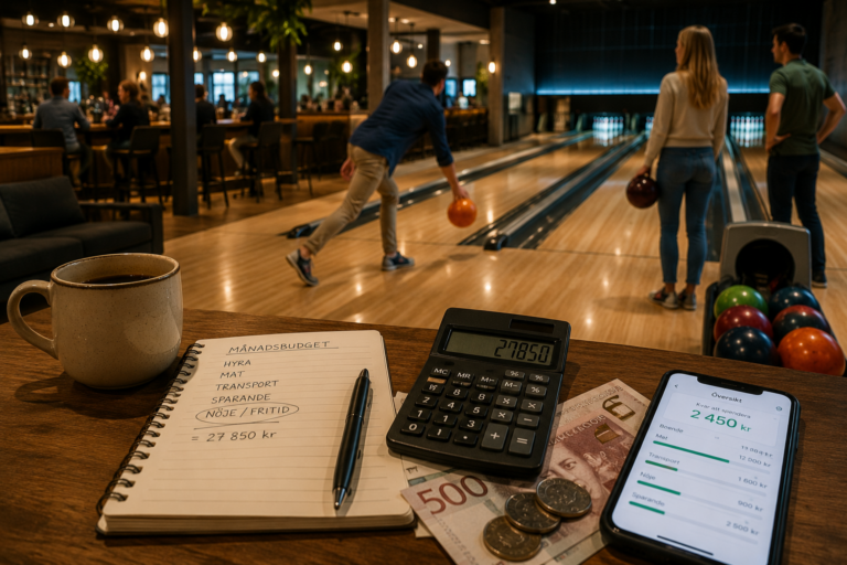 Person planerar sin budget inför en bowlingkväll – prisvärd fritidsaktivitet och privatekonomi